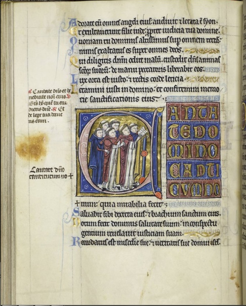 Peckover Psalter, Historiated initial of monks singing. French, mid 13th century.